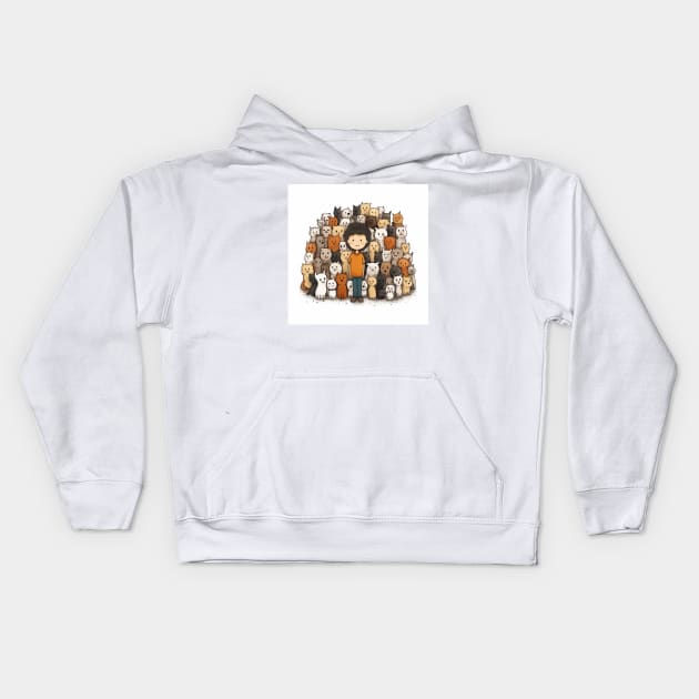 A Boy Surrounded by Playful Dogs 2 Kids Hoodie by saveasART